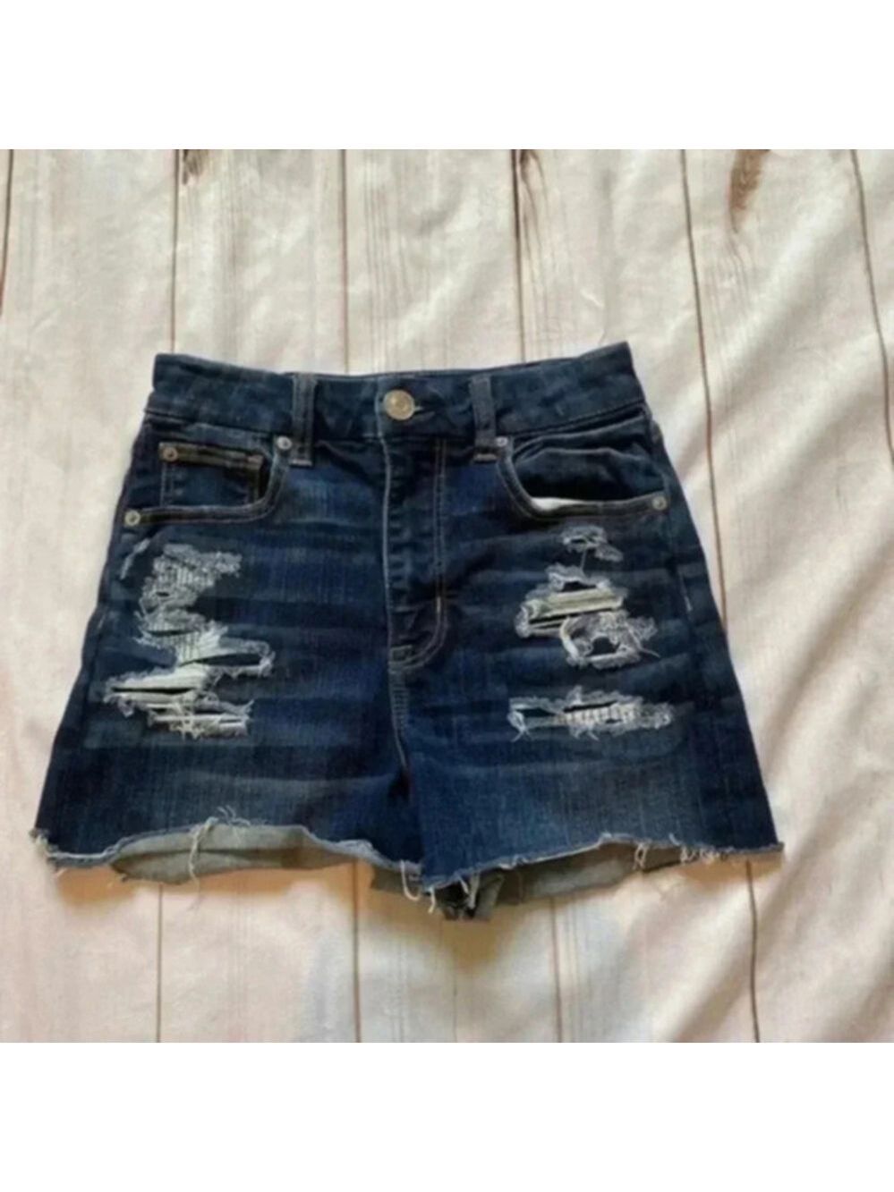 American Eagle Next Level Stretch Distressed Dark Denim frayed shorts  S…